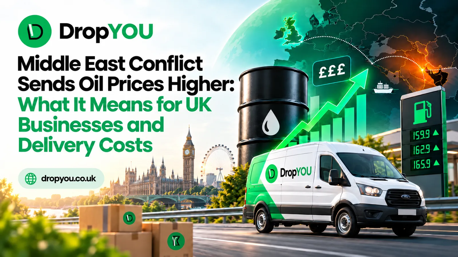 DropYou delivery van in front of the London skyline, with an oil barrel, rising fuel-price graphic and UK pump display